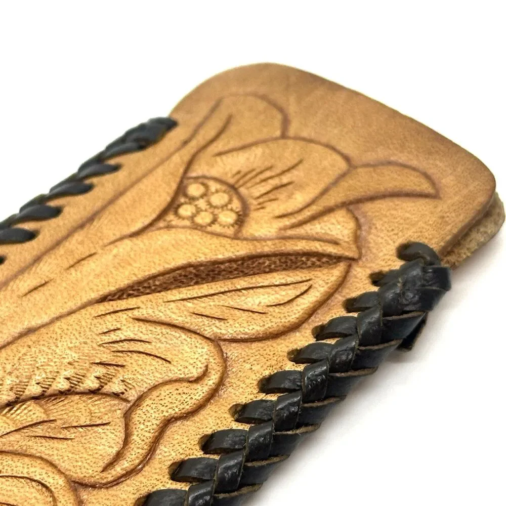 Vintage Handmade Tooled Leather Western Floral Scroll Comb Holder Sheath Pouch